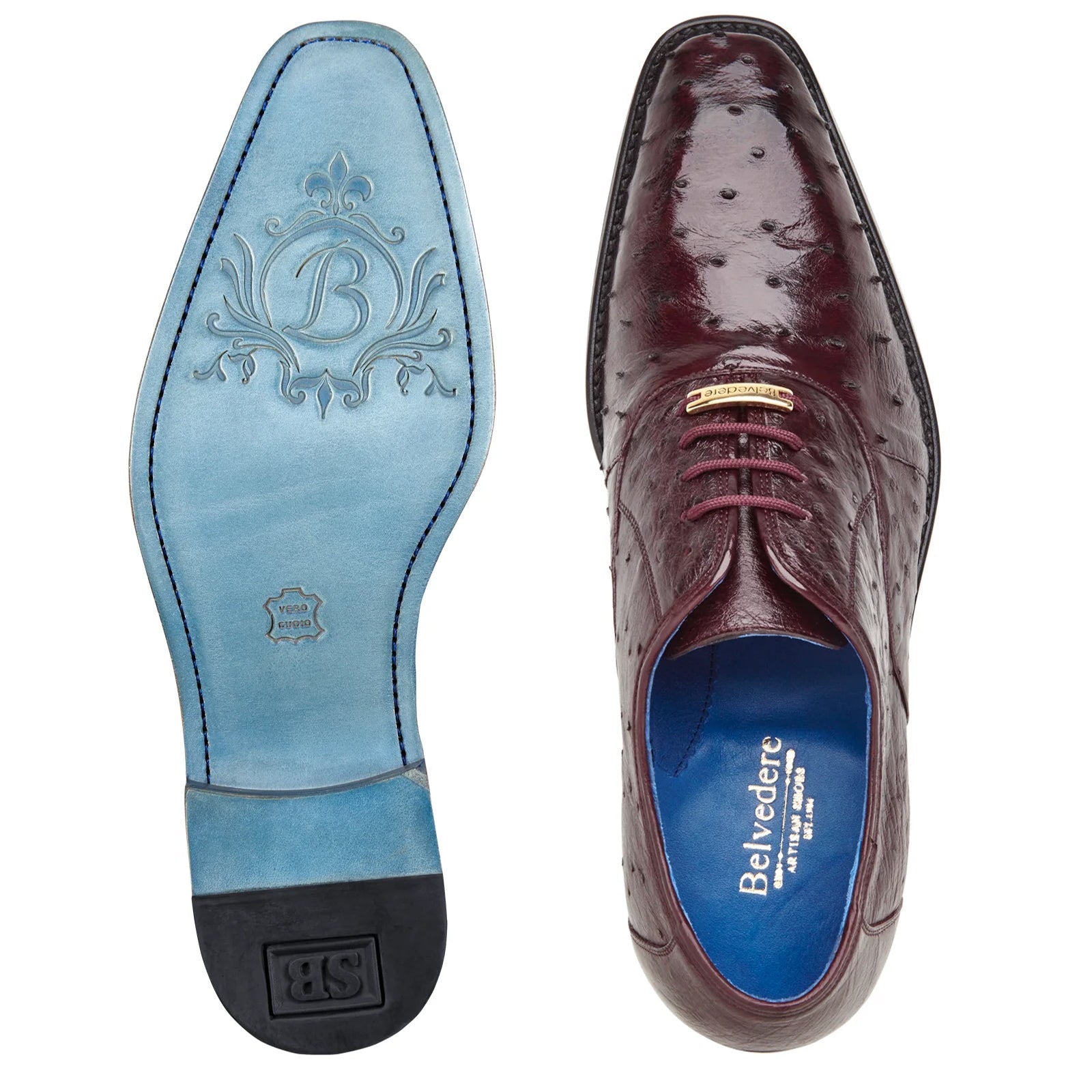 Men’s Belvedere Orlando Ostrich Quill Plain Toe Dress Shoe in Burgundy