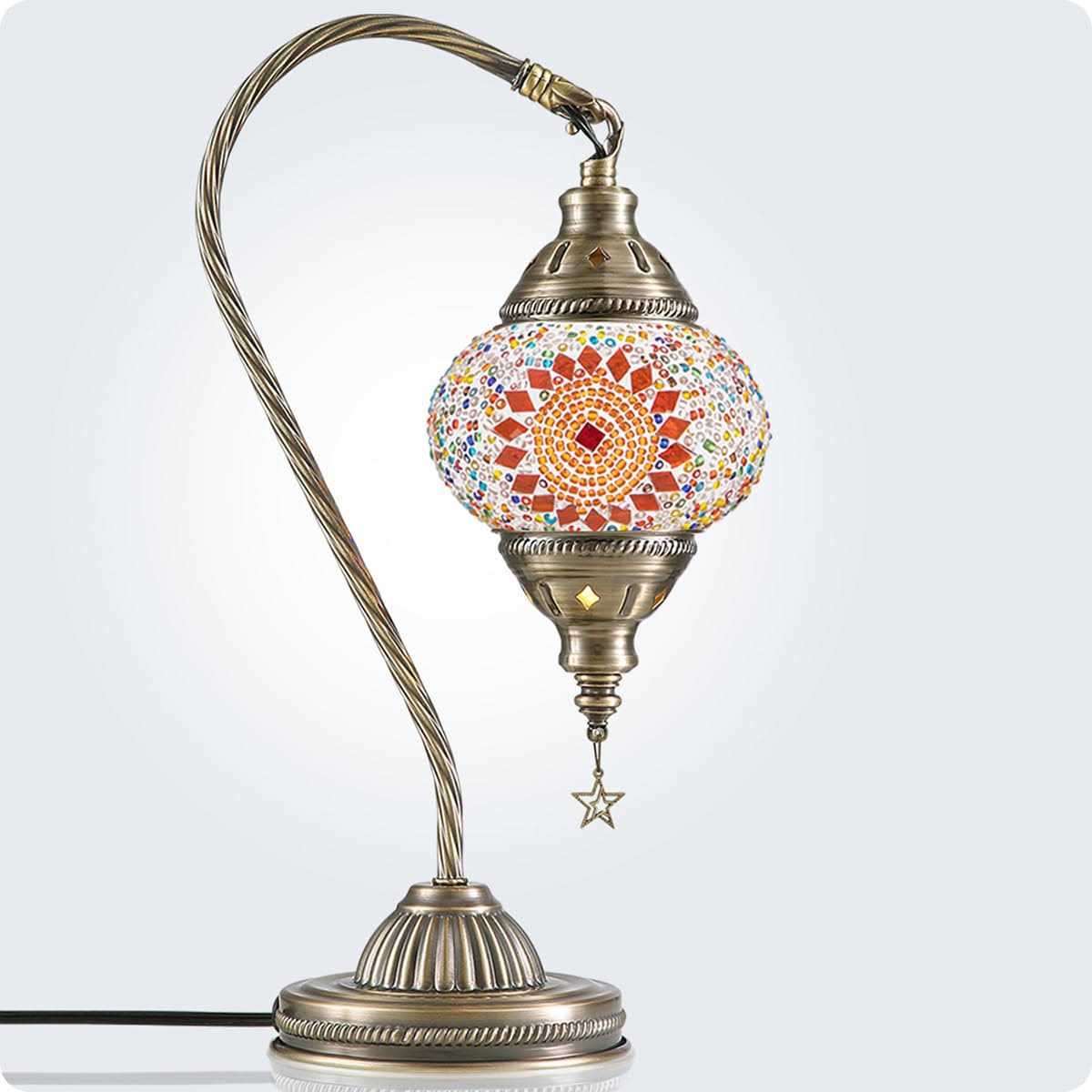 Turkish Moroccan Lamp with Bronze Base Yarra Decor 3 Color Options Handmade Swan Neck Tiffany Mosaic Glass Bedside Lamps for Bedroom