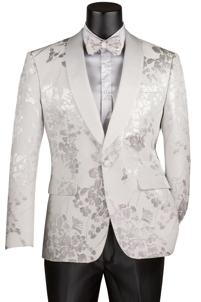 Men’s Shiny Foil Floral Paisley Prom & Wedding Tuxedo Jacket in White