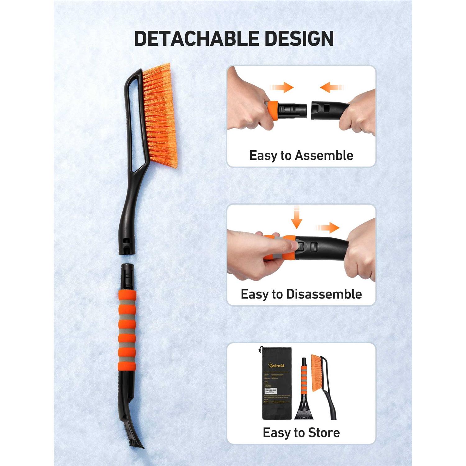 Astroai 27 inch Snow Brush and Detachable Ice Scraper with Ergonomic Foam Grip for Cars