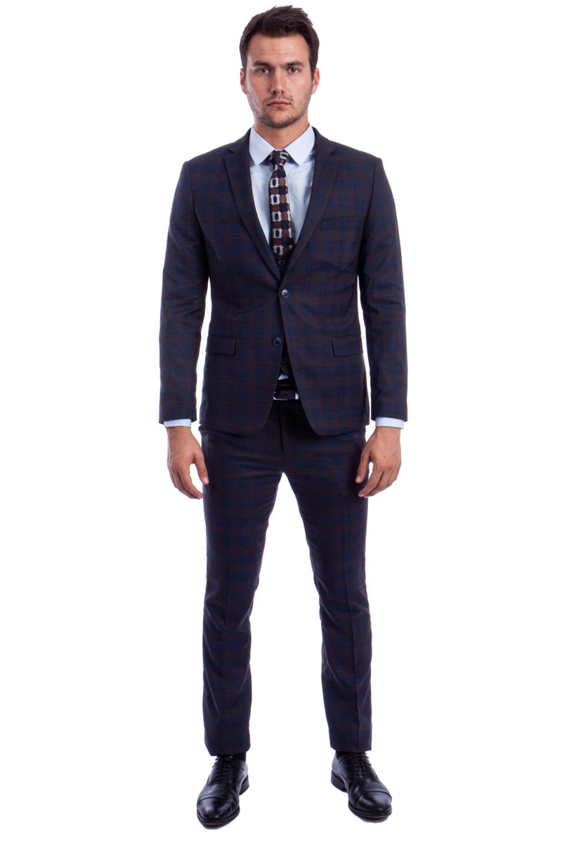 Men’s Two Button Vested Skinny Fit Suit with Low Cut Vest in Blue & Brown Plaid