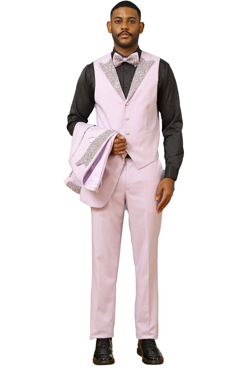 Men’s One Button Rhinestone Peak Lapel Vested Prom Tuxedo in Lavender
