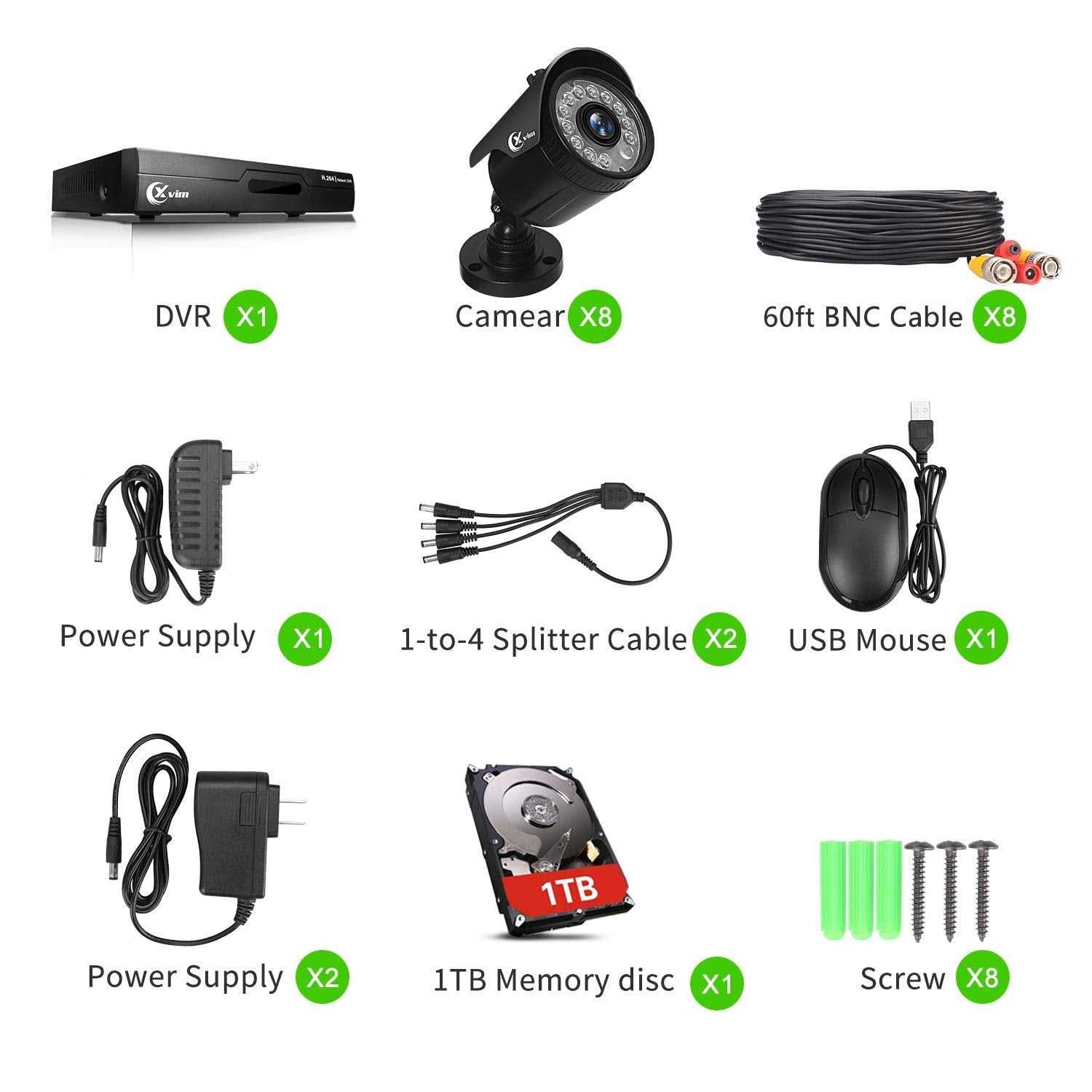 Xvim 8CH 1080p Wired Security Camera System with 1TB Hard Drive 8pcs Hd Outdoor Home Surveillance Cameras Night Vision Remote Access Motion Alert