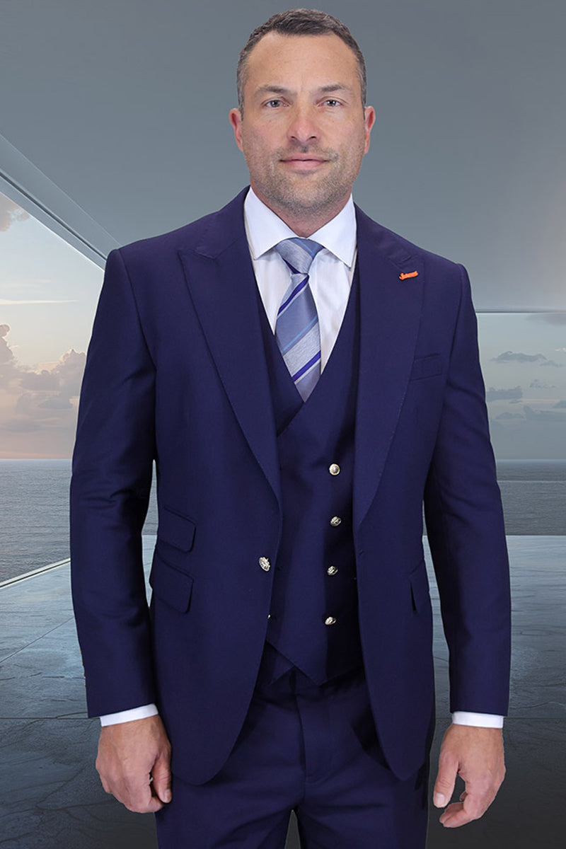 Men’s Designer Wool Vested One Button Peak Lapel Suit in Navy Blue with Gold Buttons