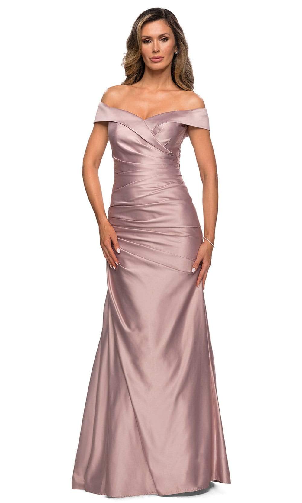 28103 Off Shoulder Pleated Satin Evening Gown