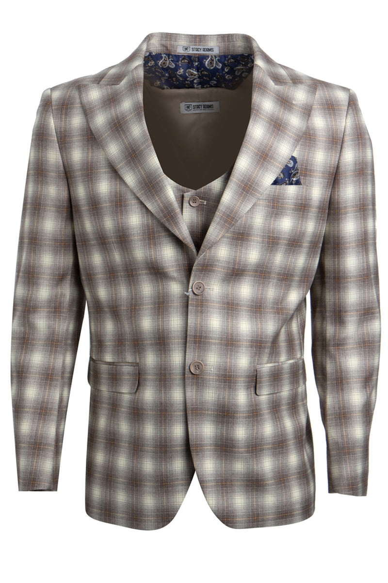 Men’s Stacy Adams Two Button Vested Bold Windowpane Plaid Suit in Brown & Tan