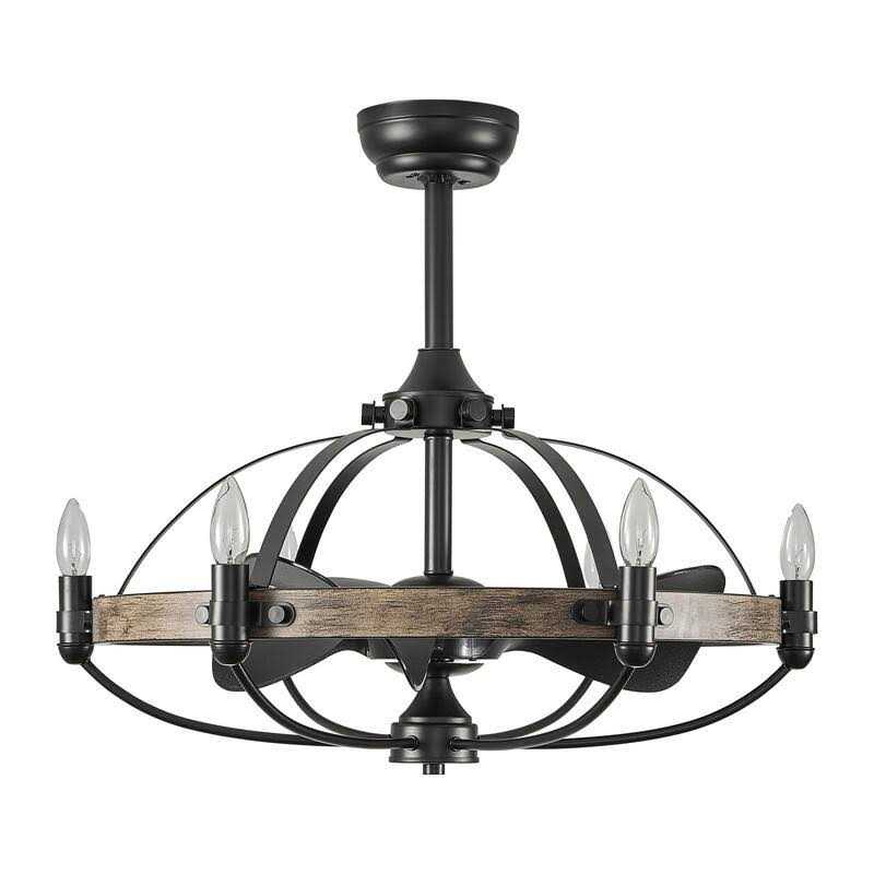 27-inch Grey Brown Ceiling Fan with Light Remote Control 6-Light Wagon Wheel Modern Farmhouse Chandelier Caged Ceiling Fan
