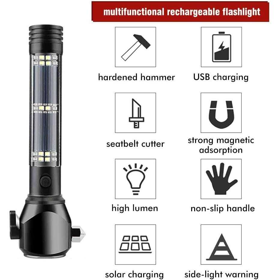 Serjur 8 in 1 Multi Function Flash Light,USB Rechargeable Solar Powered Flashlight with Glass Breaker,Seatbelt Cutter,Alarm and Phone Charger