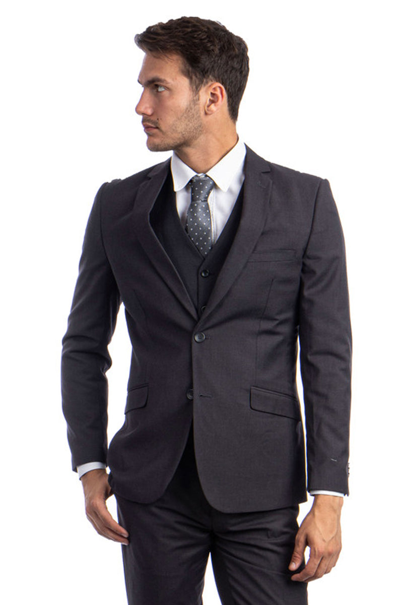 Men’s Two Button Basic Hybrid Fit Vested Suit in Charcoal Grey