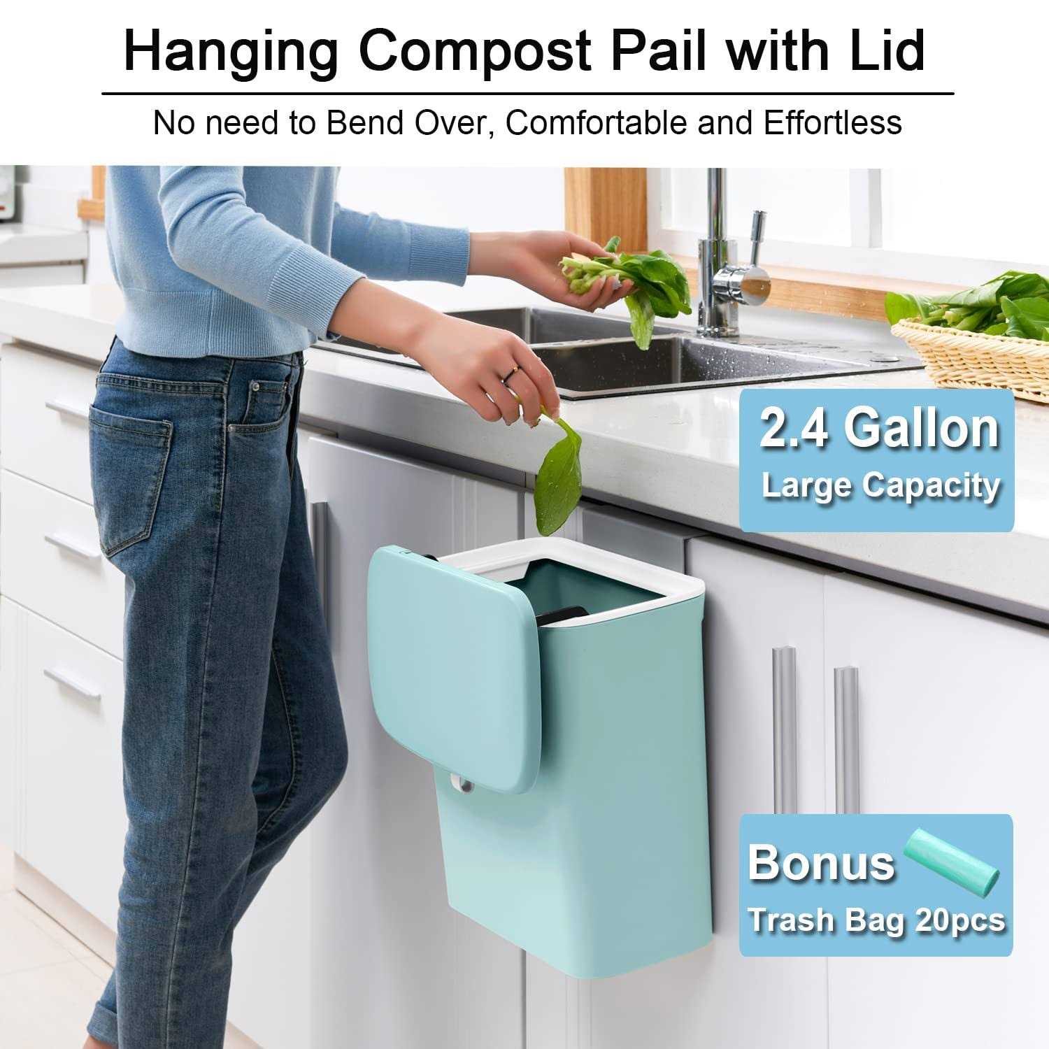 Tiyafuro 2.4 Gallon Kitchen Compost Bin for Counter Top or Under Sink Hanging Small Trash Can with Lid for Cupboard/bathroom/bedroom/office/camping