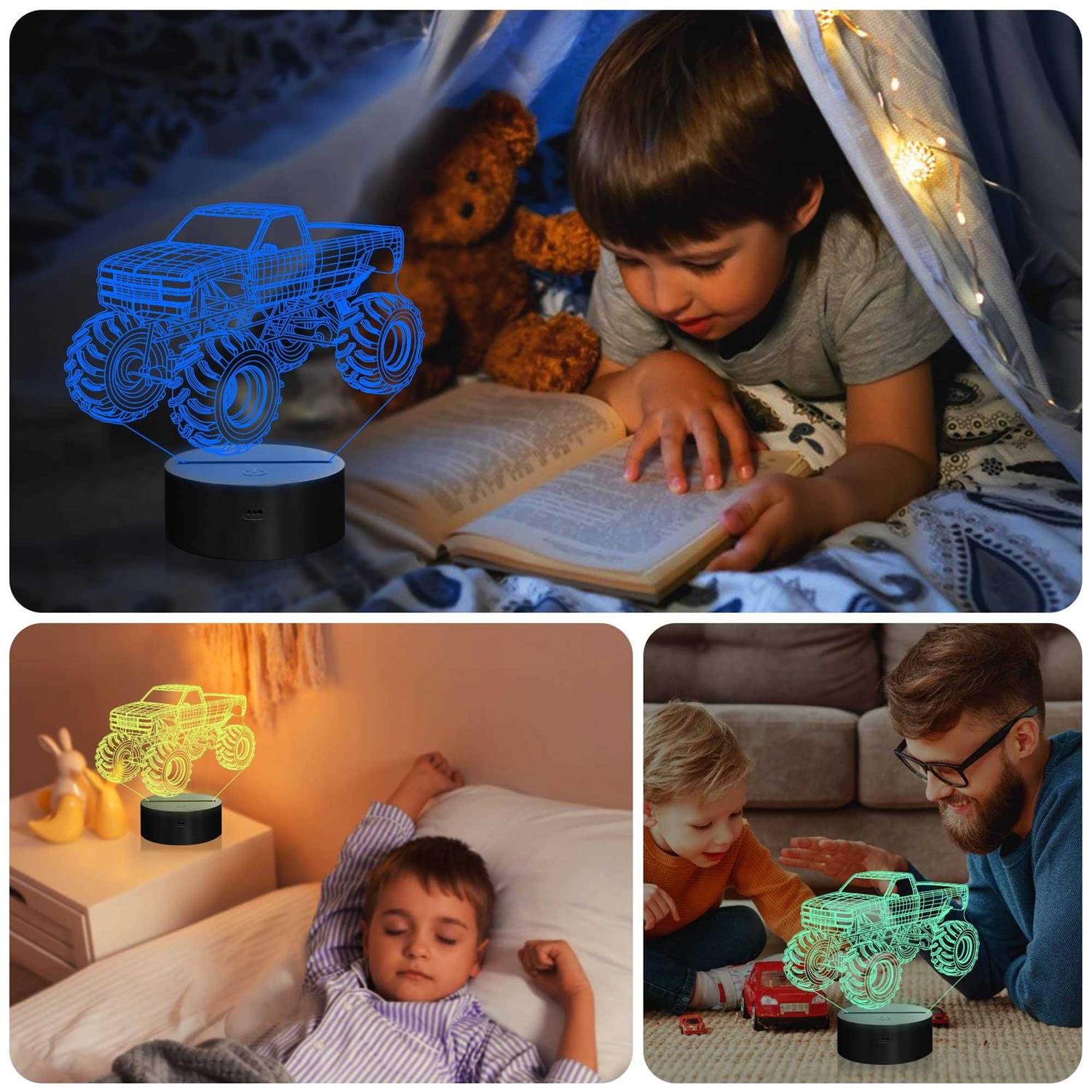 YuanDian Store 3D Night Lights for Children Kids Night Lamp Monster Trucks for Boys