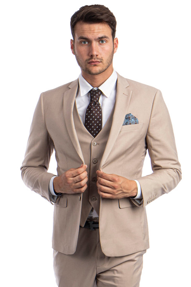 Men’s Two Button Slim Fit Vested Solid Basic Color Suit in Medium Tan