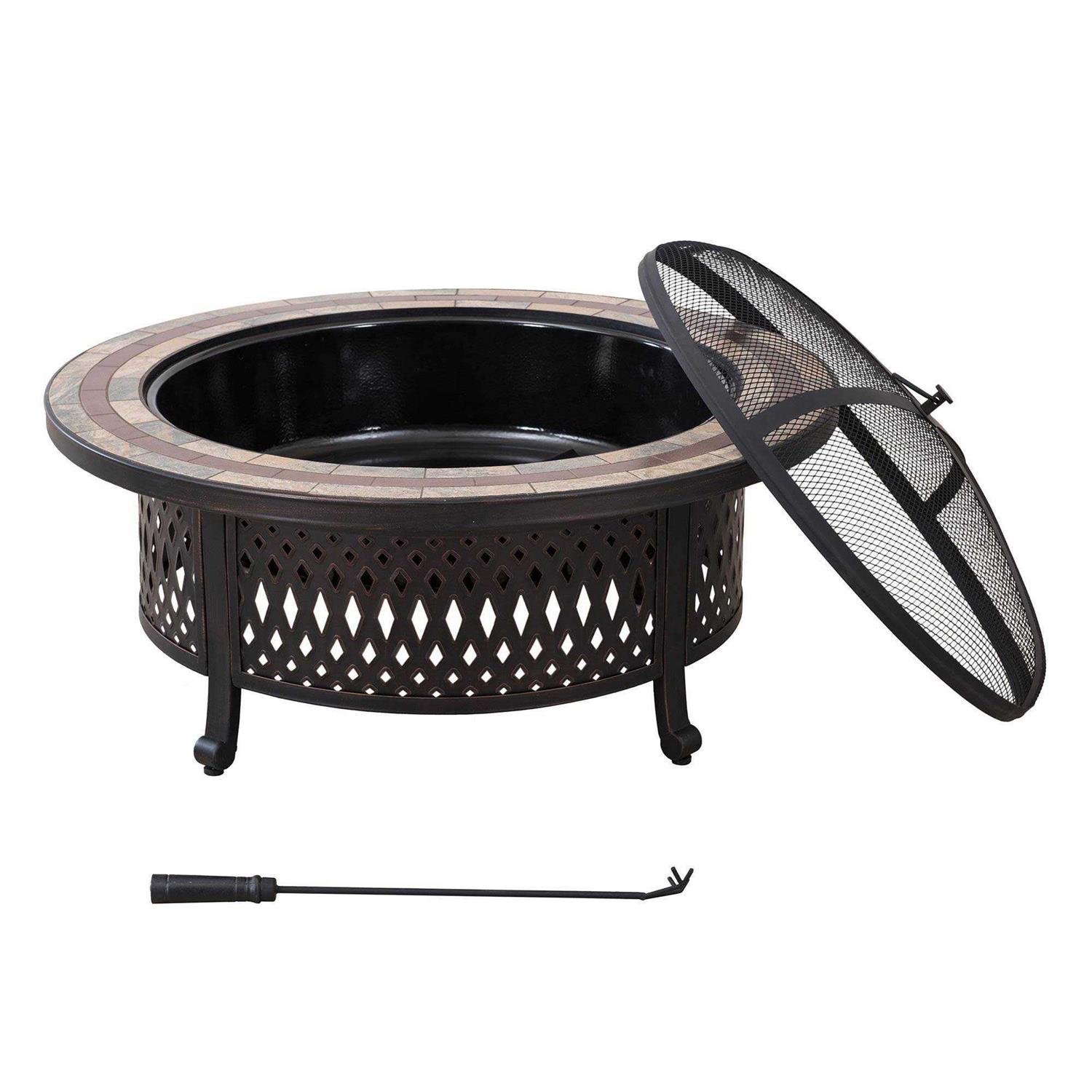 Sunjoy 40 Inch Fire Pit for Outside, Outdoor Round Wood Burning Fire Pit with Steel Mesh Spark Screen, Ceramic Tile Tabletop and Fire Poker