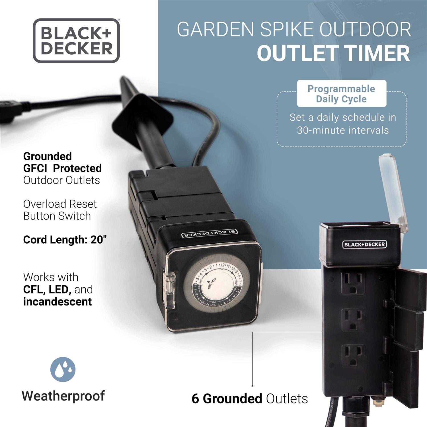 BLACK+DECKER Garden Stake 6 Grounded Outlets Tools Timer Waterproof Outlet Timer for Lights BDXPA0032