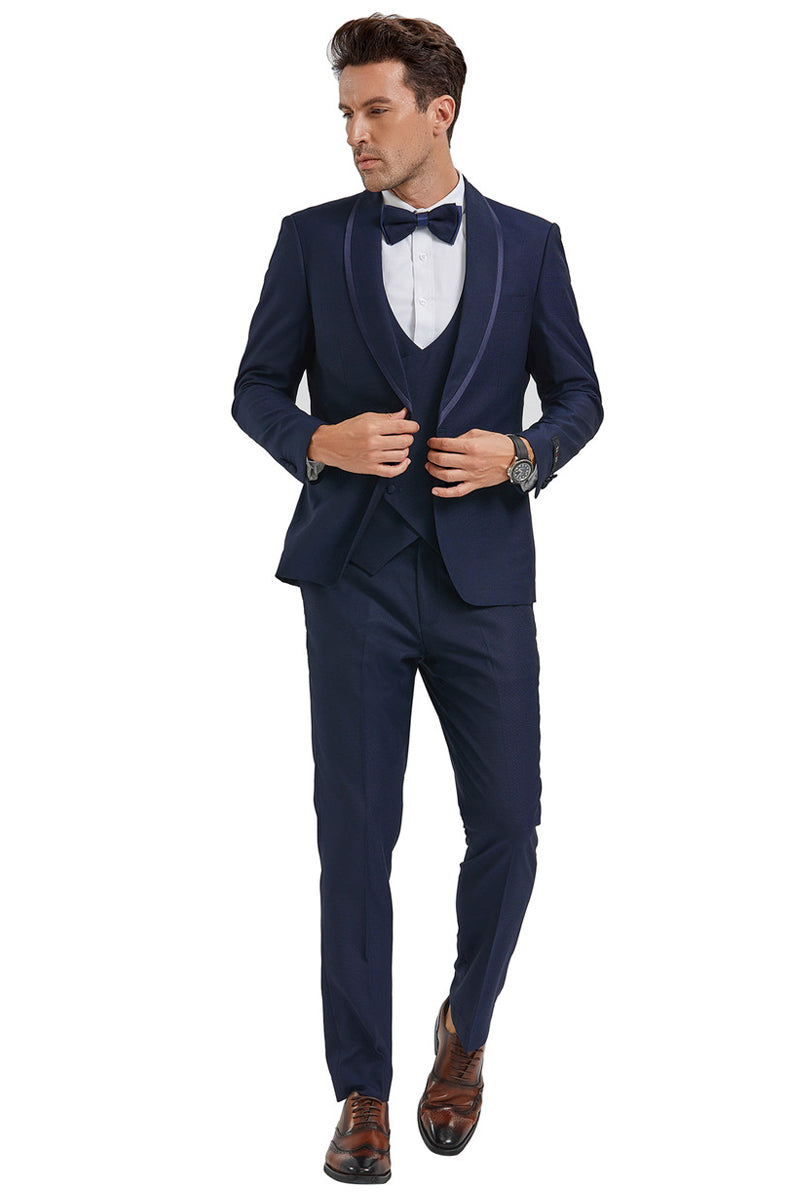 Men’s One Button Vested Shawl Tuxedo in Navy Blue Birdseye with Blue Satin Trim