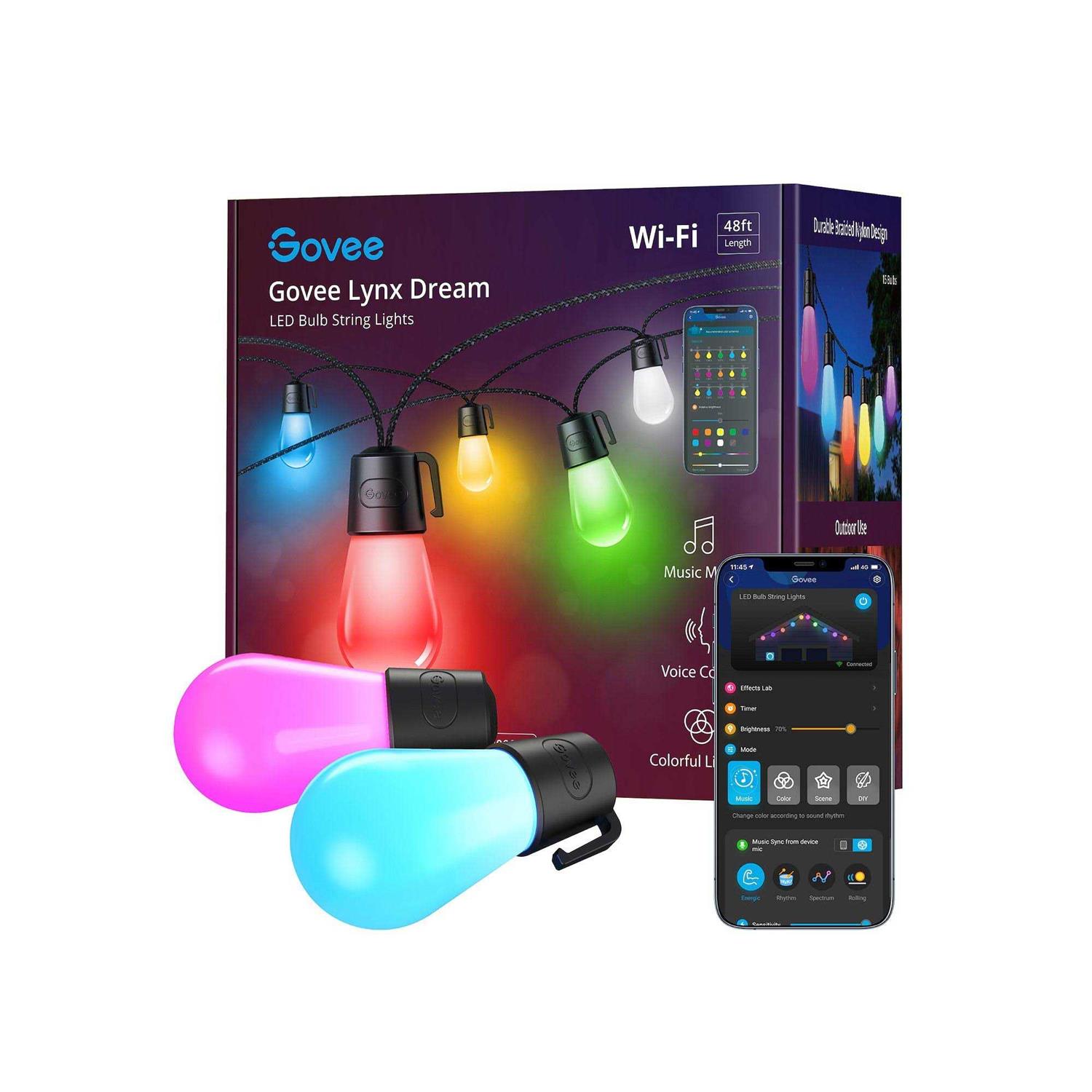 96ft Govee Smart Outdoor String Lights with RGBIC Warm White LED Bulbs