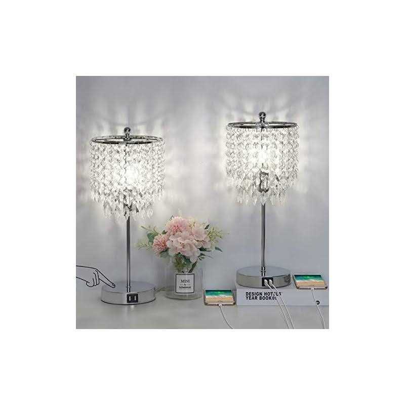 Boncoo Crystal Touch Control Table Lamp with 2 USB Charging Ports 3-Way Dimmable Nightstand Lamp Set of 2 Bedside Lamps with Elegant Shade