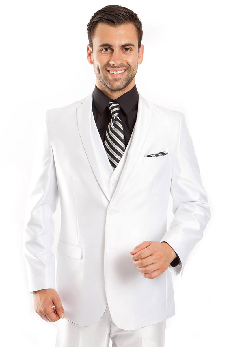 Men’s Two Button Vested Shiny Sharkskin Wedding & Prom Fashion Suit in White