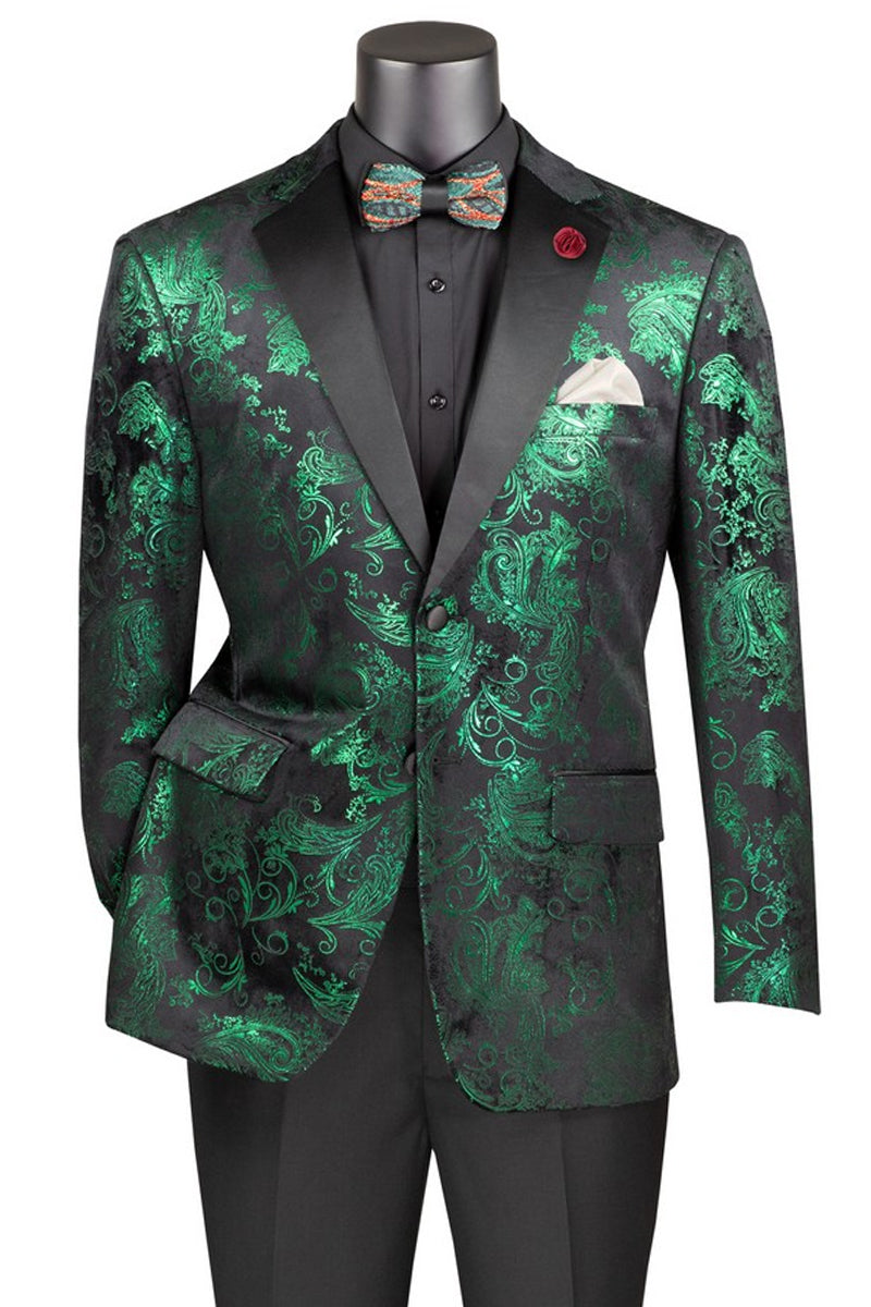 Men’s Paisley Velvet Foil Smoking Jacket Tuxedo in Emerald Green