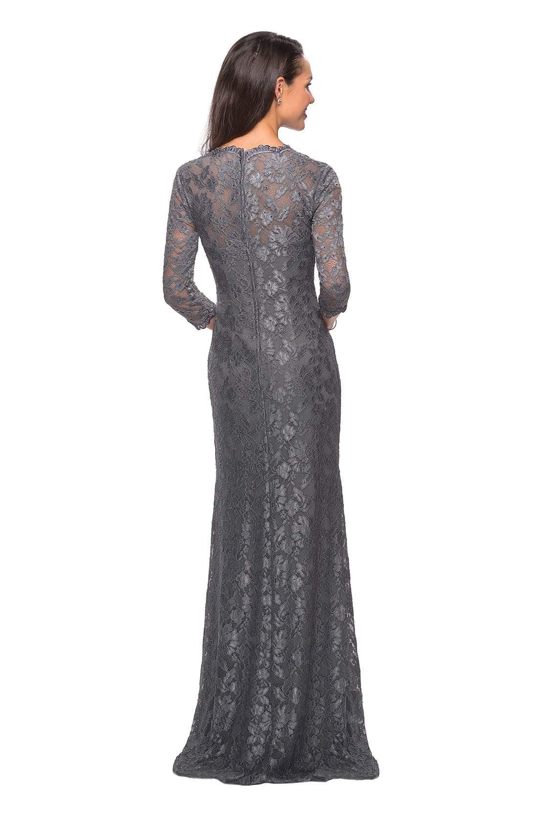 26427 Floral Lace Sheer Quarter Sleeve Sheath Gown