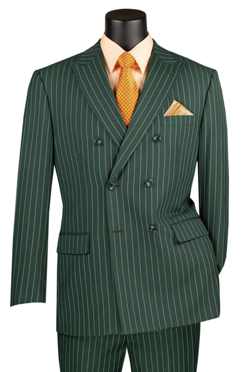 Men’s Double Breasted Gangster Bold Pinstripe Suit in Hunter Green