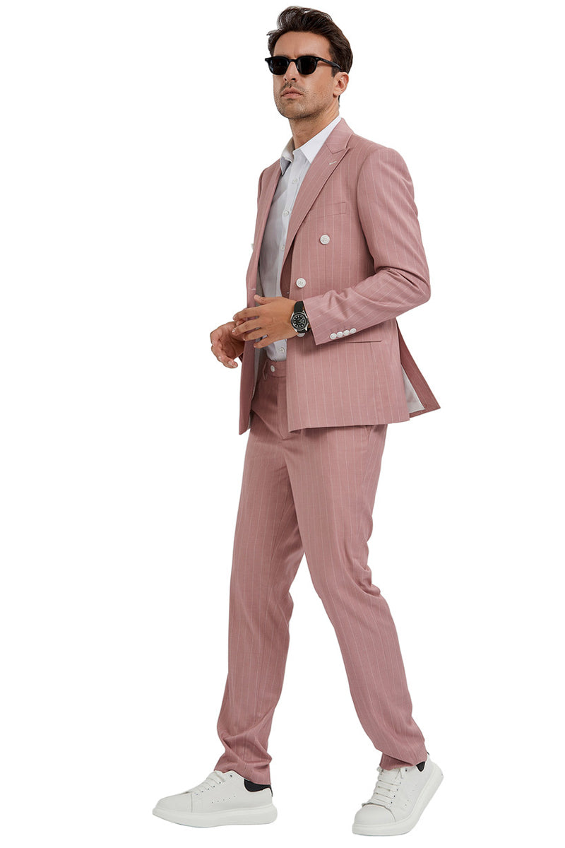 Men’s Slim Fit Double Breasted Bold Gangster Pinstripe Suit in Pink