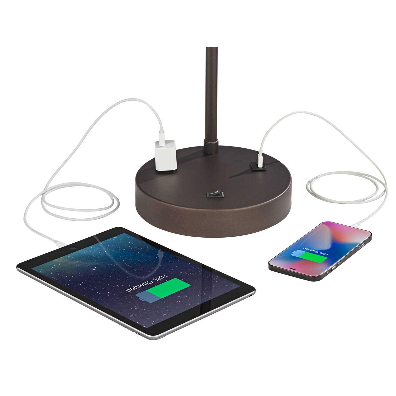 360 Lighting Modern Desk Table Lamp with USB and AC Power Outlet in Base Bronze Linen Uno Fitter Drum Shade for Bedroom Bedside