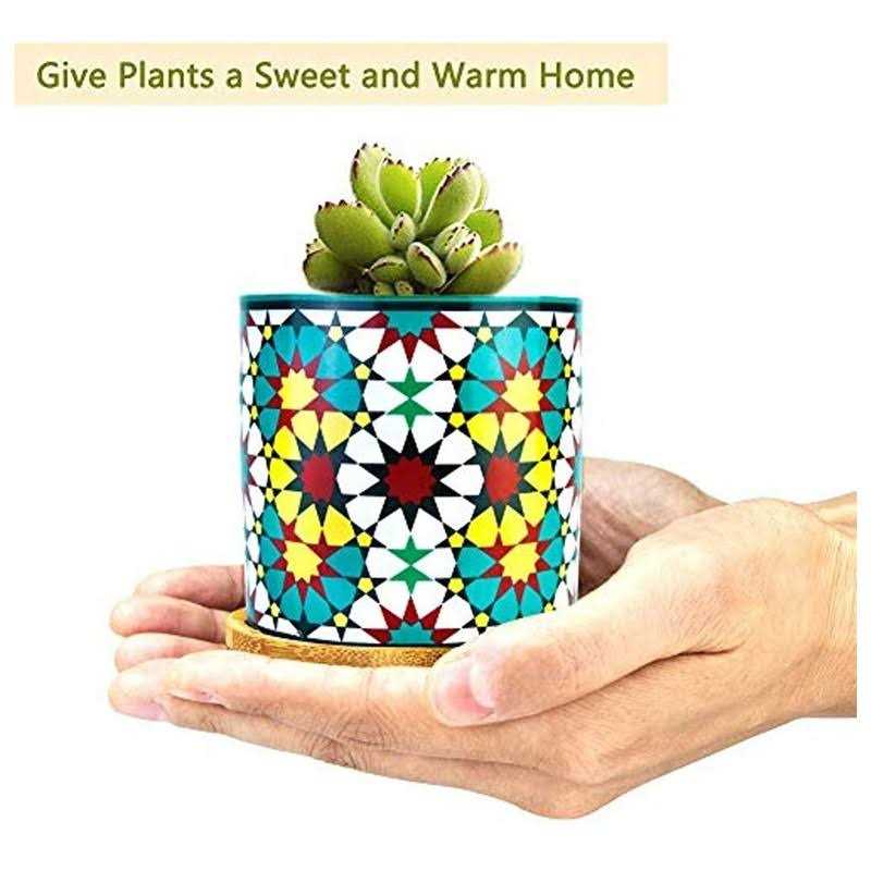 Ascrafter 6 Pack Mandala Succulent Plant Pot with Bamboo Trays