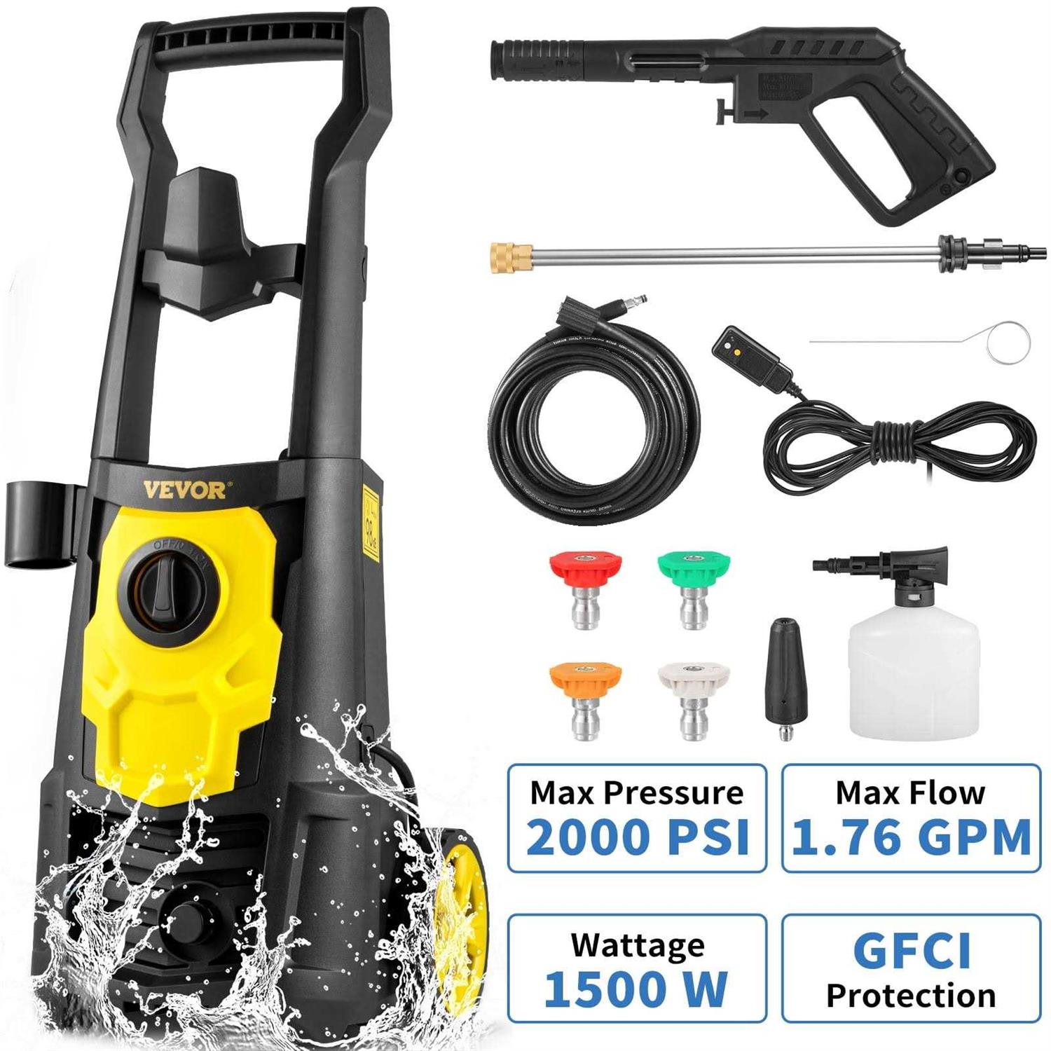 VEVOR Electric Pressure Washer 2000 PSI Max. 1.76 GPM Power Washer w/ 30 ft Hose & Reel