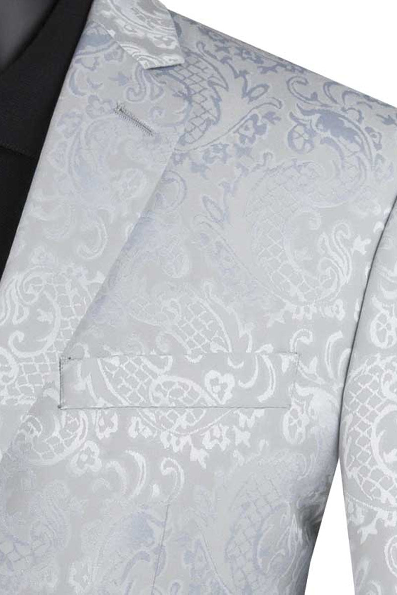 Men’s Slim Fit Shiny Paisley Prom & Wedding Suit in Silver Grey