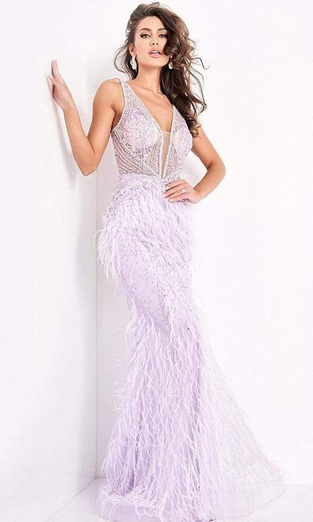 03023 Sheer Bodice Beaded Adorned Feather Fitted Evening Gown