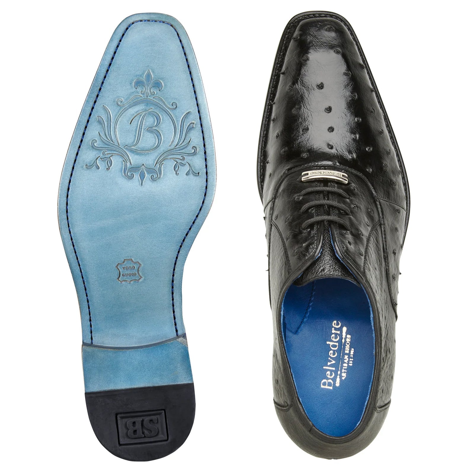 Men’s Belvedere Orlando Ostrich Quill Plain Toe Dress Shoe in Black