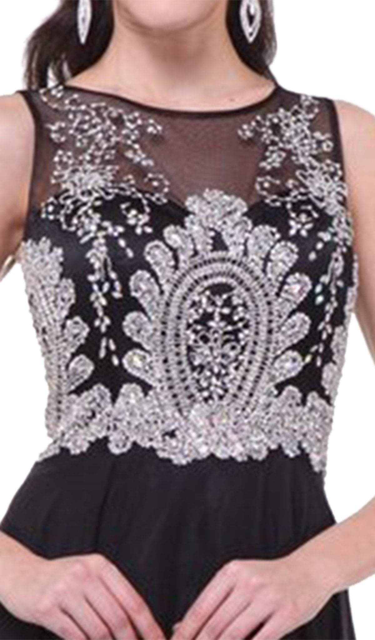 Sleeveless Illusion Metallic Appliqued A-Line Gown