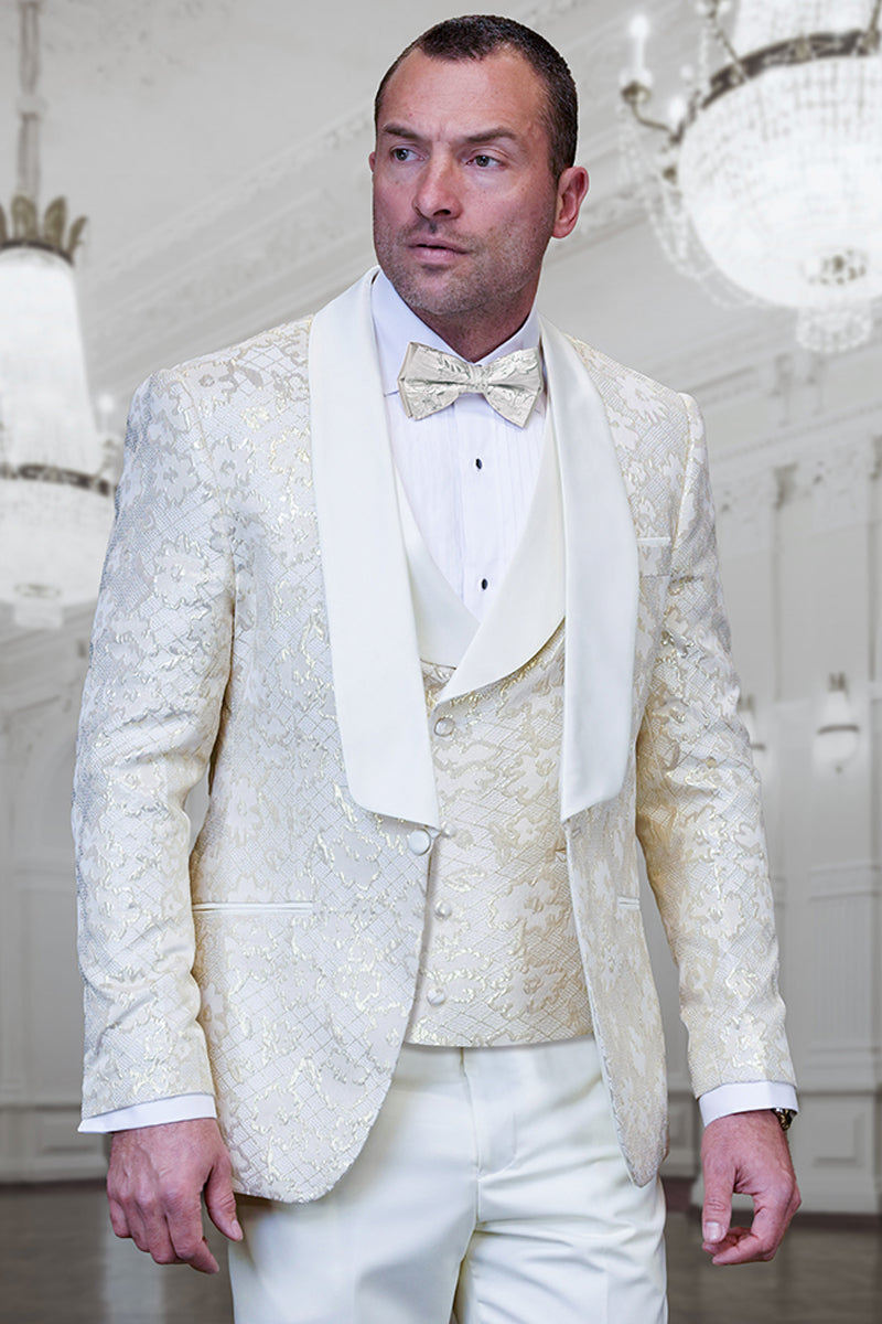 Men’s Designer Vested Wedding & Prom Tuxedo in Ivory Off White & Gold Floral Paisley