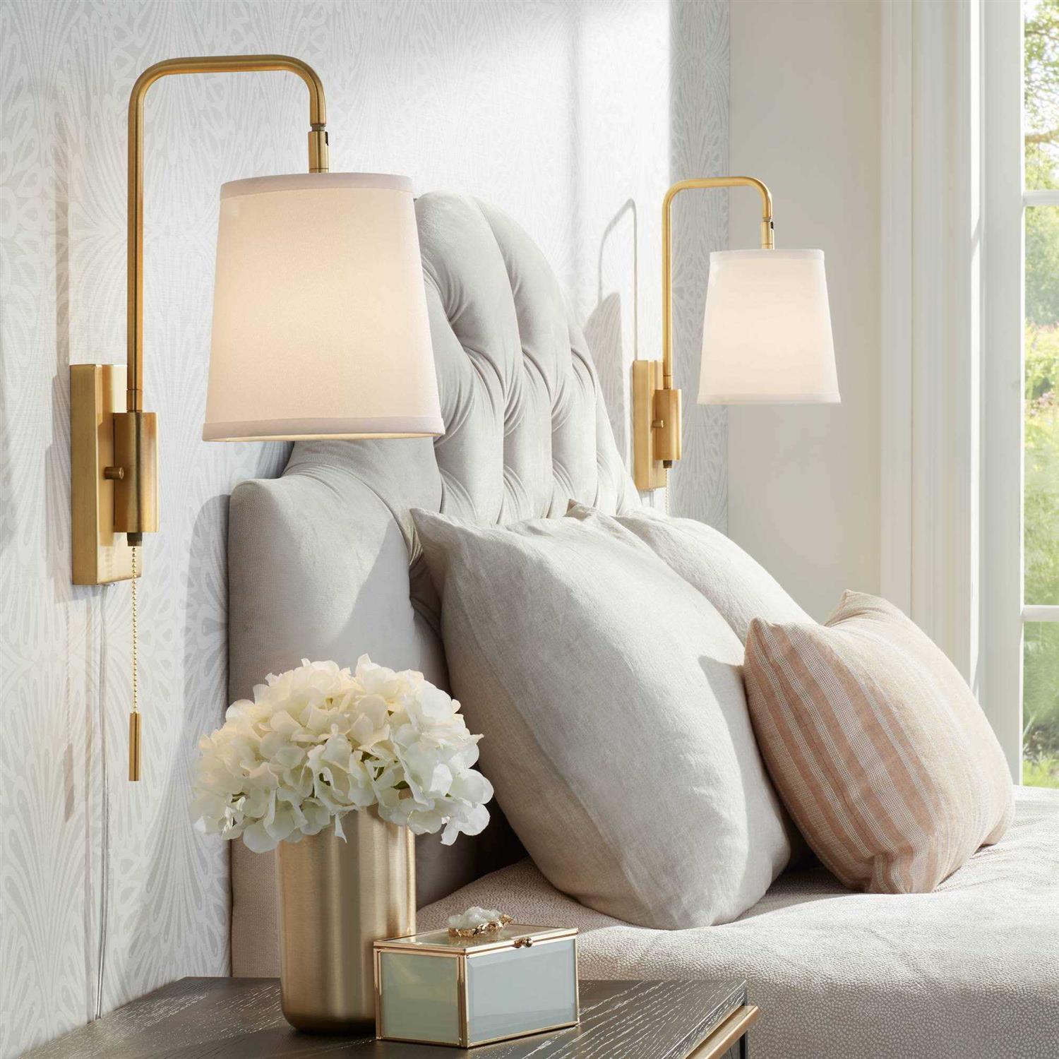 360 Lighting Luca Modern Swing Arm Wall Lamps Set of 2 Warm Brass Metal Plug-in Light Fixture White Fabric Drum Shade for Bedroom Bedside House Reading Living