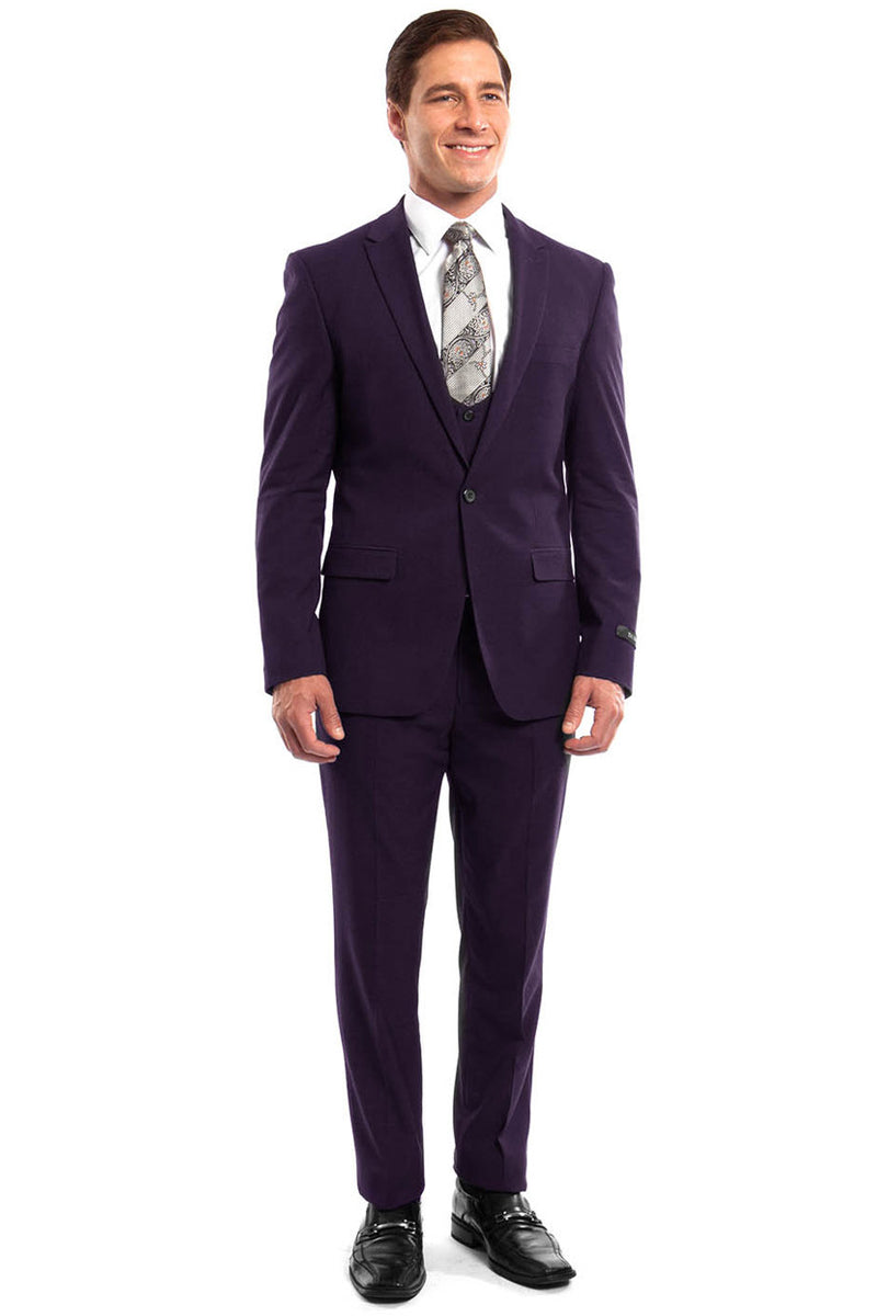 Men’s One Button Peak Lapel Skinny Wedding & Prom Suit with Lowcut Vest in Eggplant