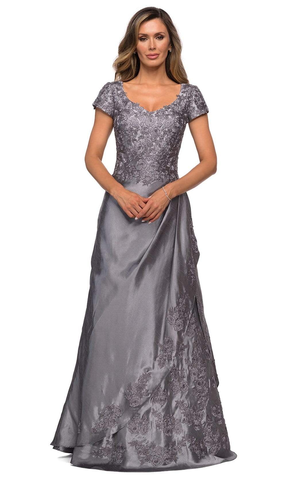 27033 Floral Satin A-Line Mother of the Bride Gown