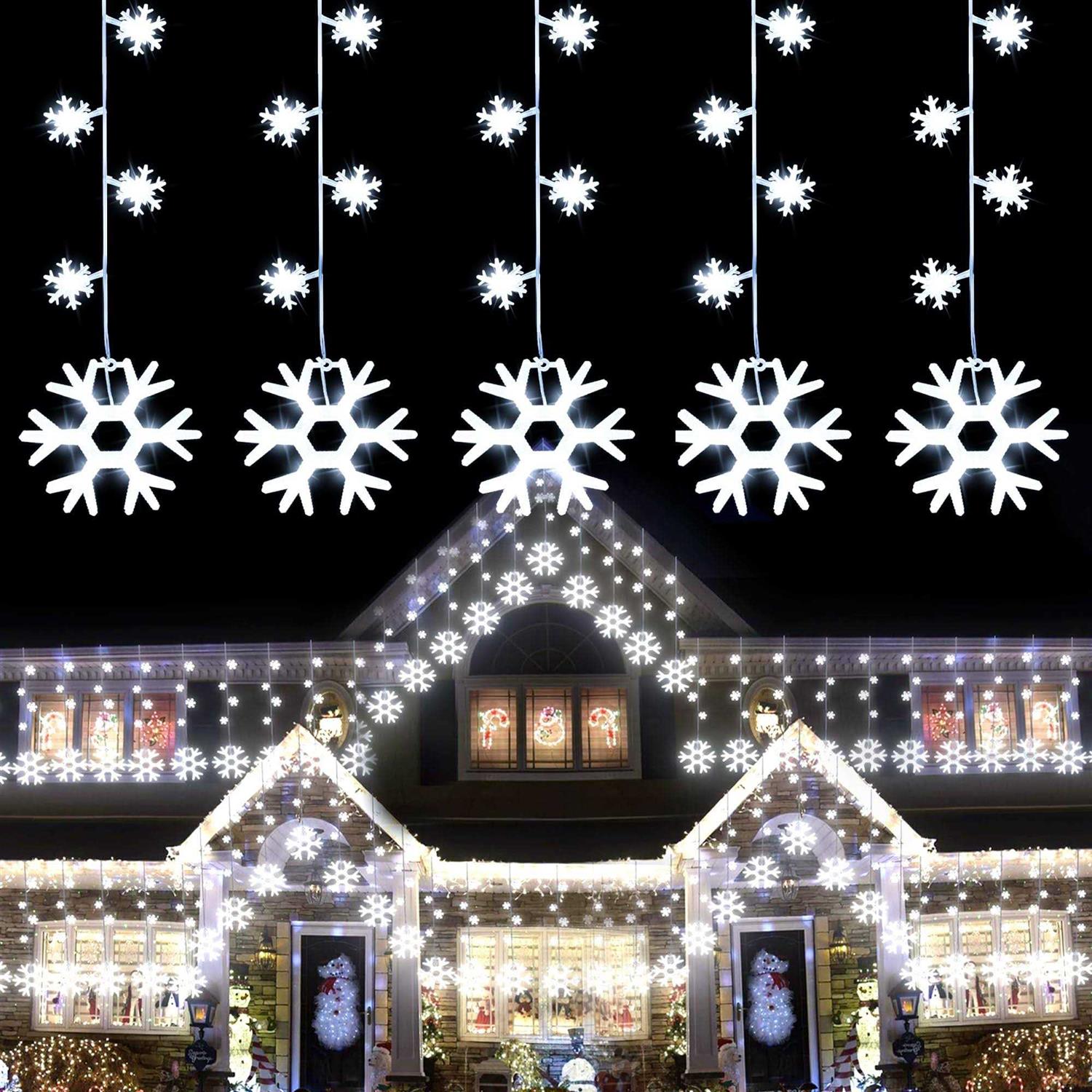 weillsnow Snowflake Icicle Lights Outdoor 100 LED 10 Drops Connectable 8 Twinkle Modes Waterproof Icicle Christmas Lights for Outdoor