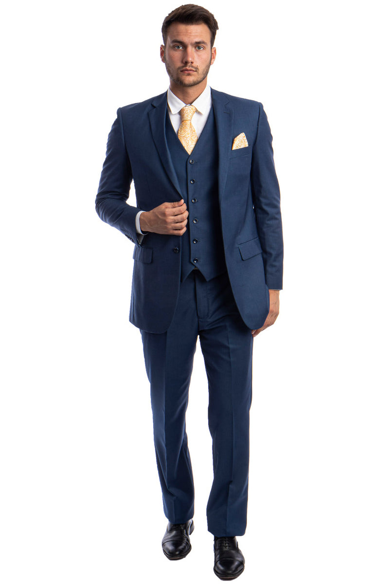Men’s Vested Two Button Solid Color Wedding & Business Suit in Indigo Blue