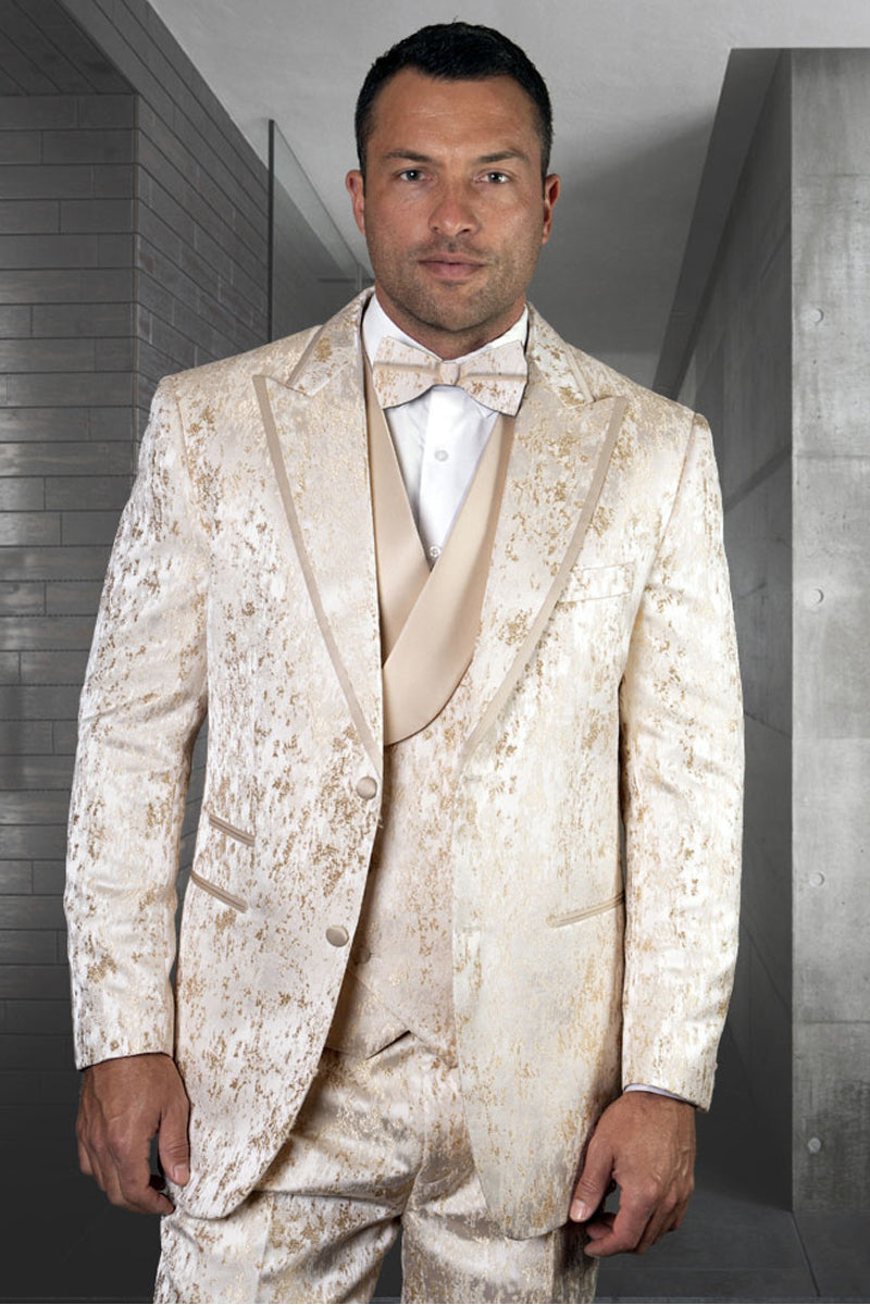 Men’s Designer Two Button Satin Floral Print Wedding & Prom Tuxedo with Satin Trim in Ivory Off White