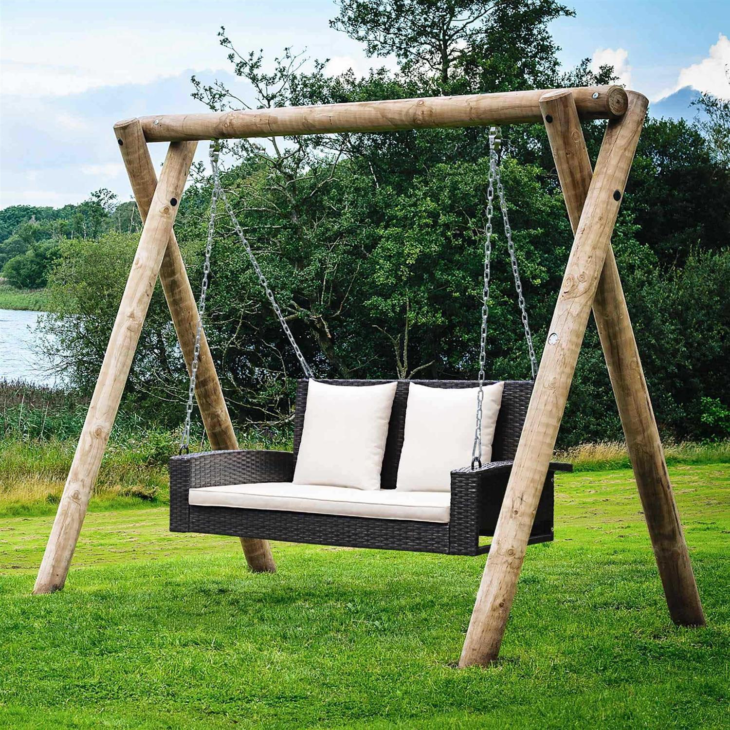 Costway 2-Person Patio Rattan Hanging Porch Swing Bench Chair Cushion