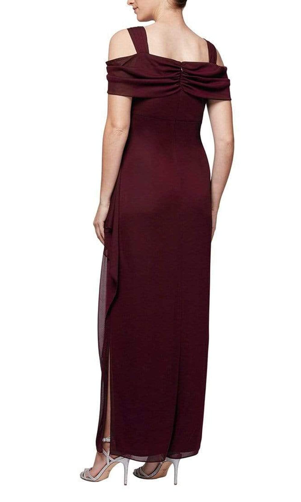 132902 Jewel Accent Waist Cold Shoulder Mesh Dress