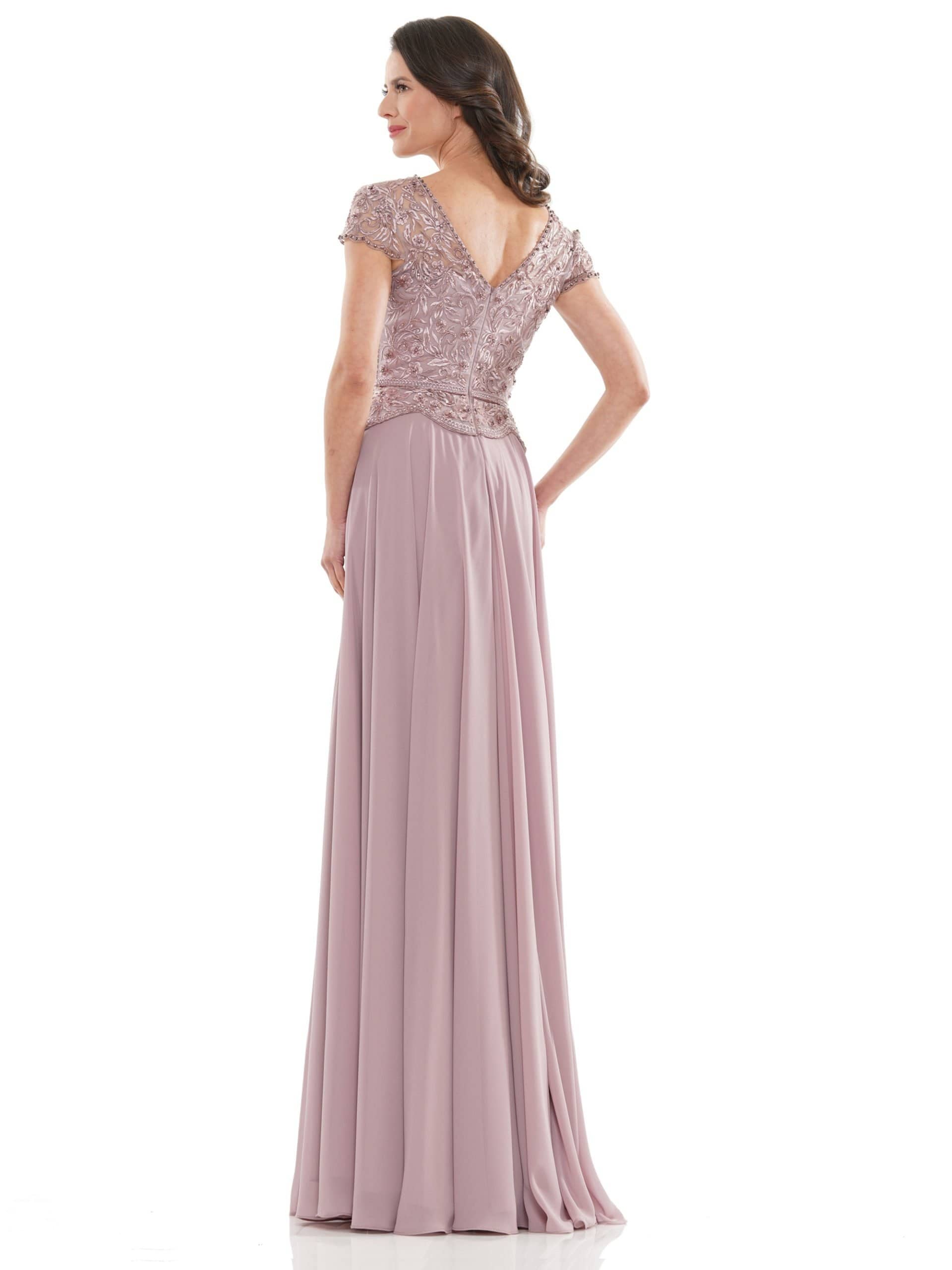 M243 Short Sleeve Embroidered Peplum Chiffon Gown