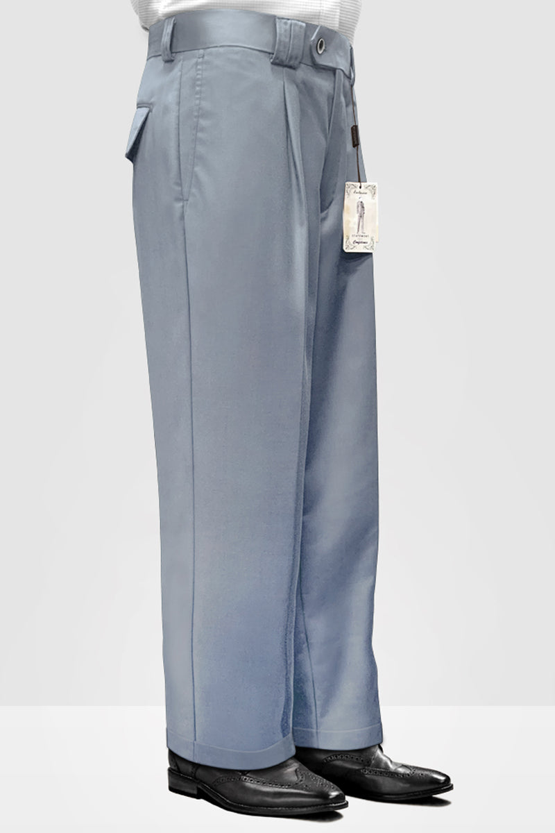 Men’s Designer Wool Pleated Wide Leg Dress Pants in Steel Blue