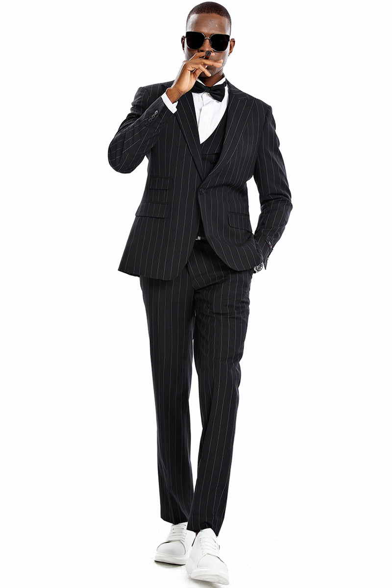 Men’s One Button Vested Wide Peak Lapel Bold Gangster Pinstripe Suit in Black