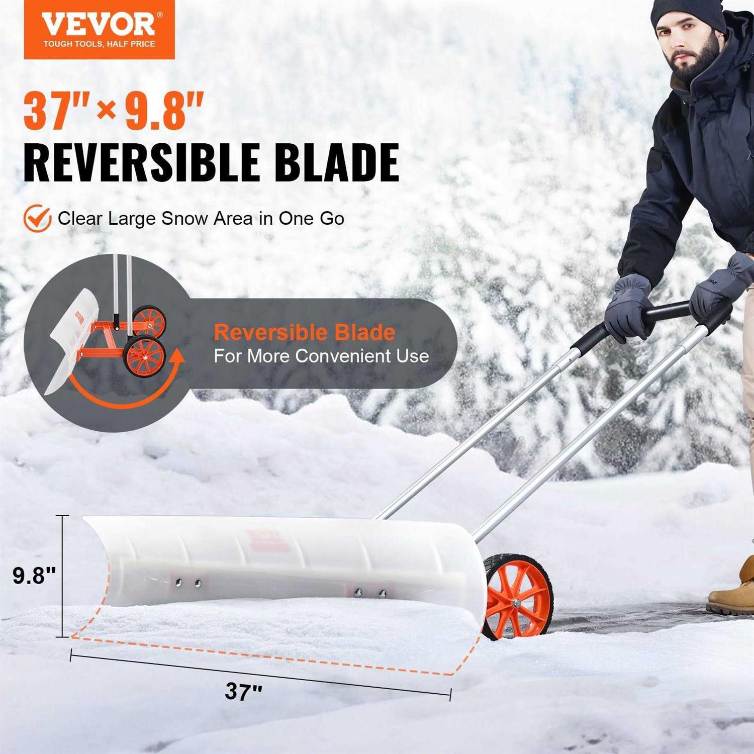 VEVOR Snow Shovel with Wheels for Driveway 37 inch Bi-Directional Heavy Duty Rolling Snow Pusher