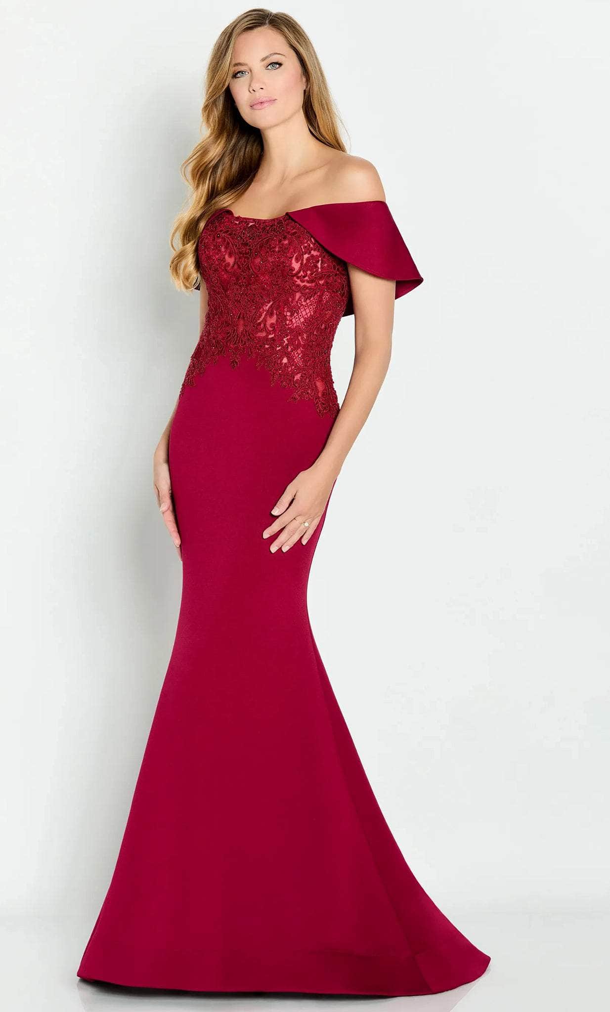 Draped Sleeve Embroidered Evening Gown