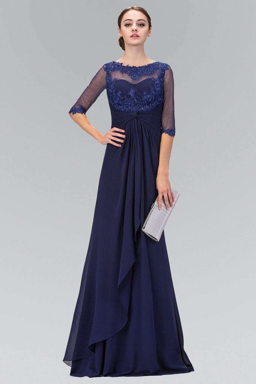 GL1424 Sheer Sleeves and Back Chiffon A-line Gown