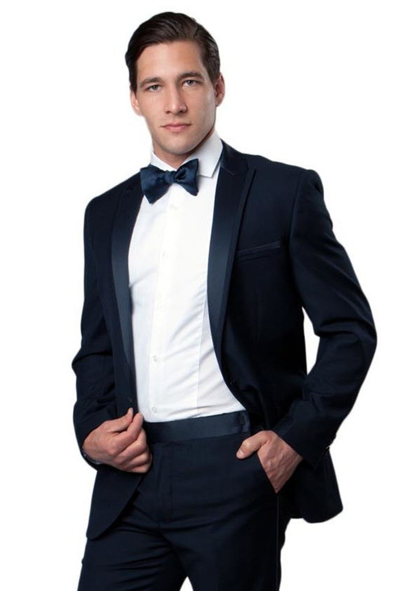 Men’s Slim Fit One Button Satin Trim Peak Lapel Prom & Wedding Tuxedo in Navy Blue