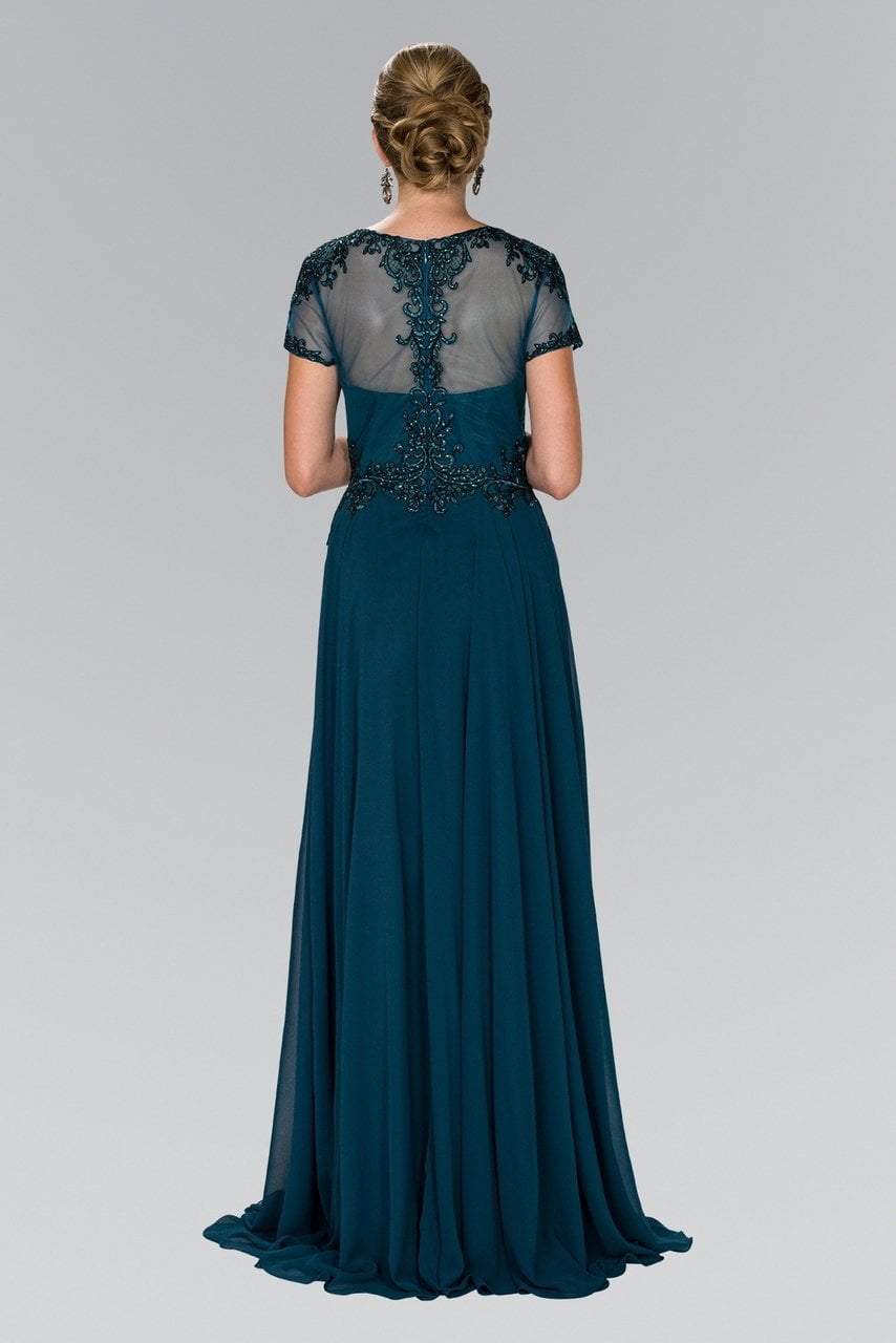 GL2406 Short Sleeve Illusion Lace Ornate Chiffon Gown